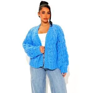 Vici Dusty Blue Chunky Knit Oversized Open Front Cardigan Sweater S